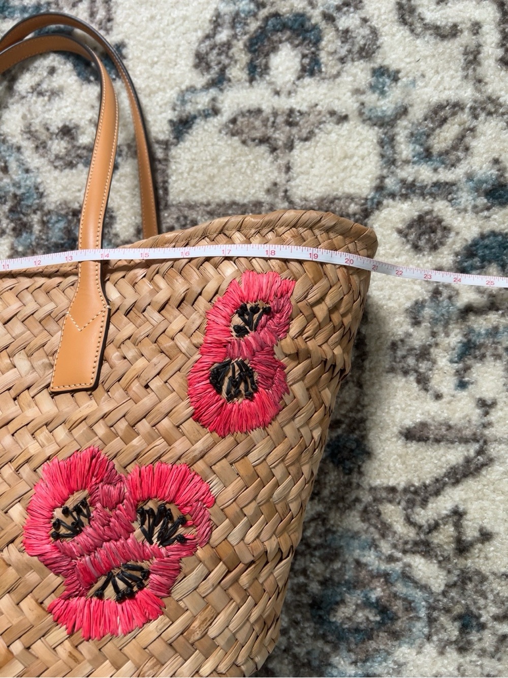 Frances Valentine Floral Straw Tote Beach Bag Leather Trim Pink Raffia - Picture 9 of 16